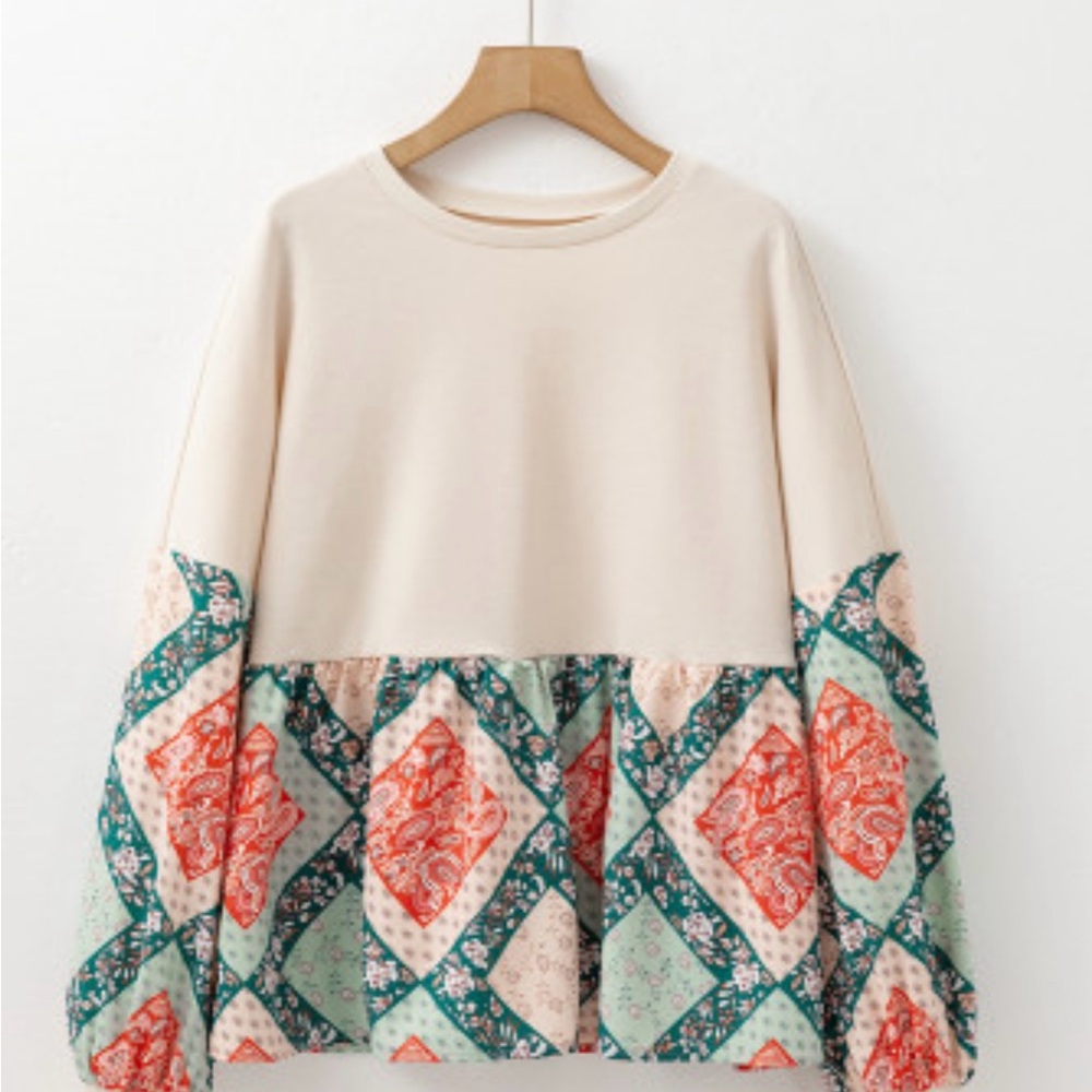Bohemian Floral Patchwork Long Sleeve Crew Neck Top - Picture 2 of 5